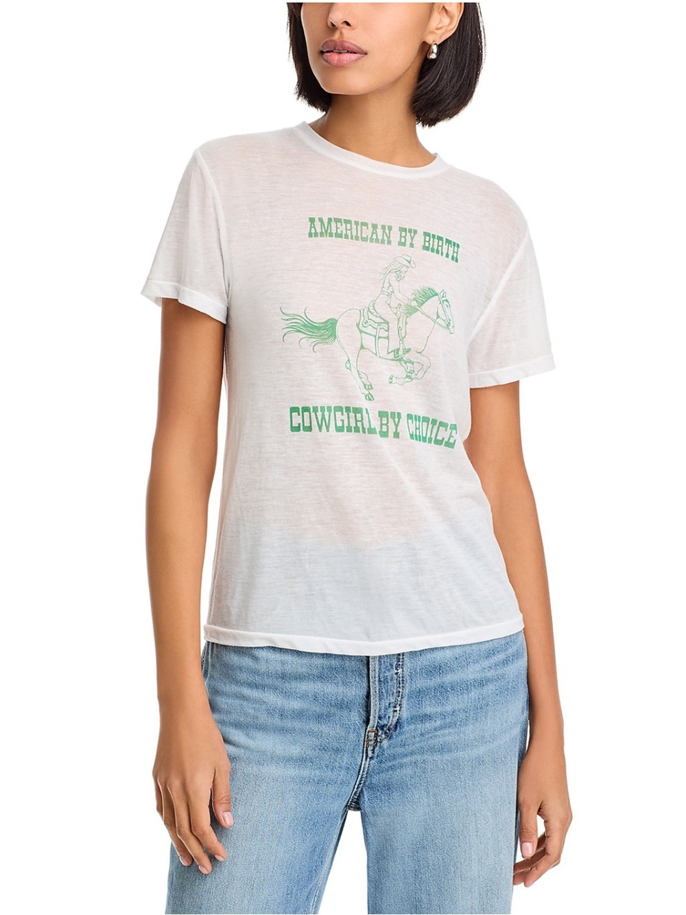 Re/Done Graphic White Tee with Green Cowgirl, Size Medium